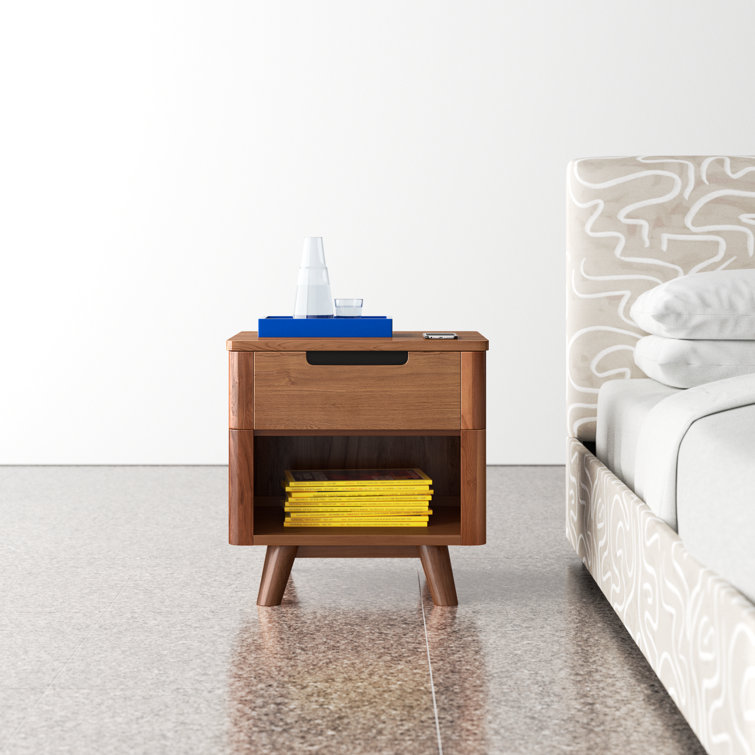 Walnut Mid-Century Modern 1-Drawer Nightstand with Shelf