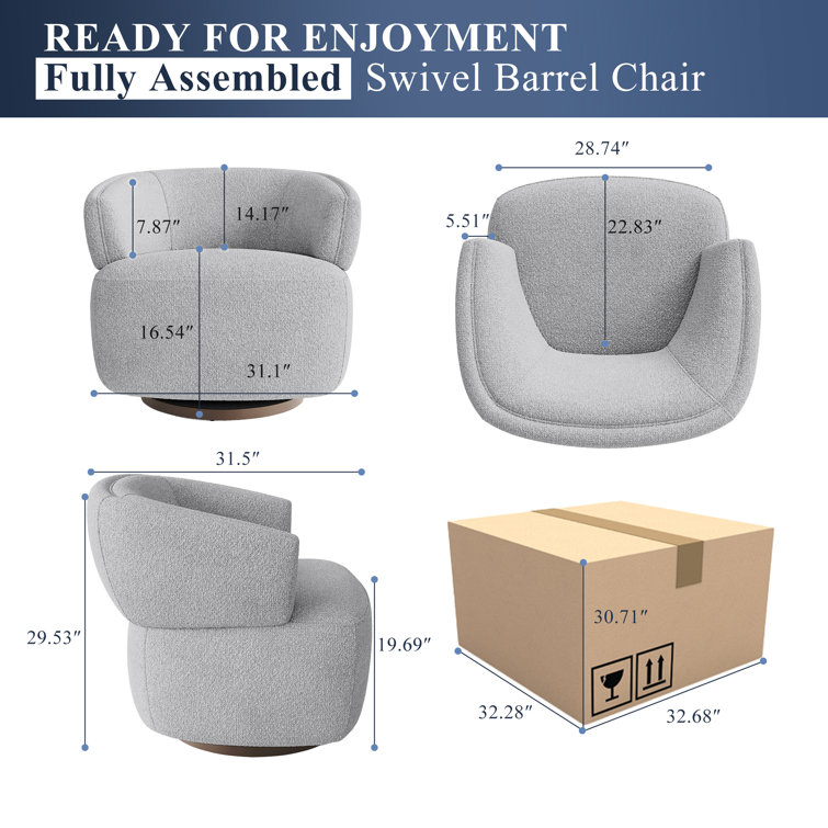 Gray Polyester Barrel Swivel Accent Chair with Metal Base