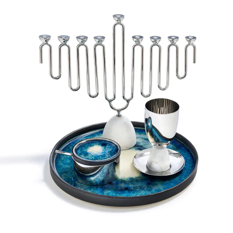 12" Silver and Carrara Marble Modern Menorah