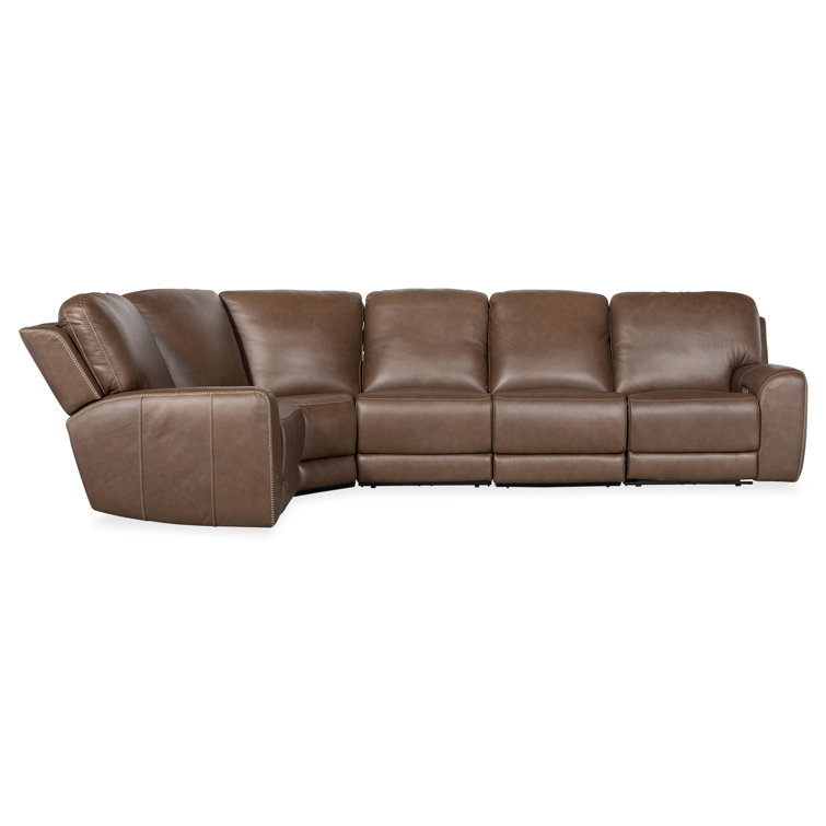 Sorrento Mocha Leather Five-Piece Reclining Sectional with Nailhead Trim