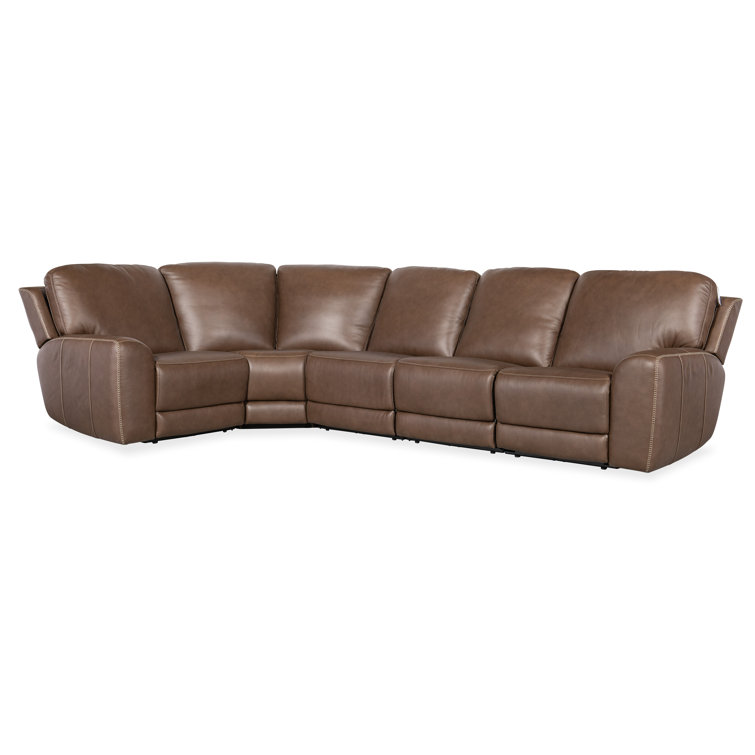 Sorrento Mocha Leather Five-Piece Reclining Sectional with Nailhead Trim