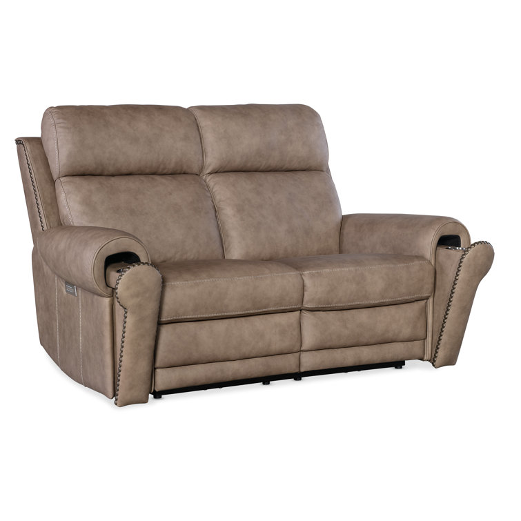 Kalahari Camel Leather Reclining Loveseat with Rolled Arms and Nailhead Trim