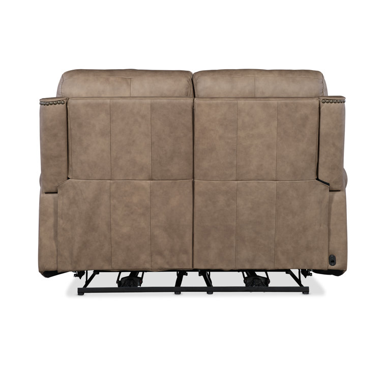 Kalahari Camel Leather Reclining Loveseat with Rolled Arms and Nailhead Trim