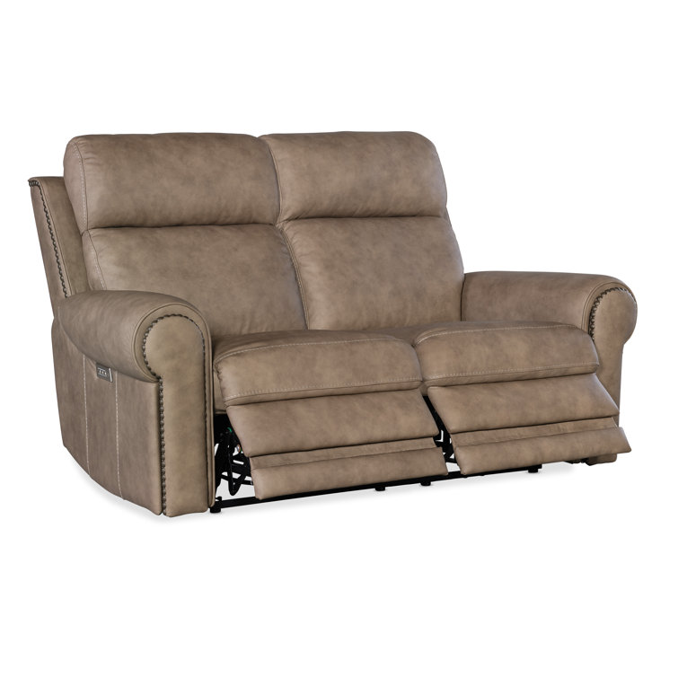 Kalahari Camel Leather Reclining Loveseat with Rolled Arms and Nailhead Trim