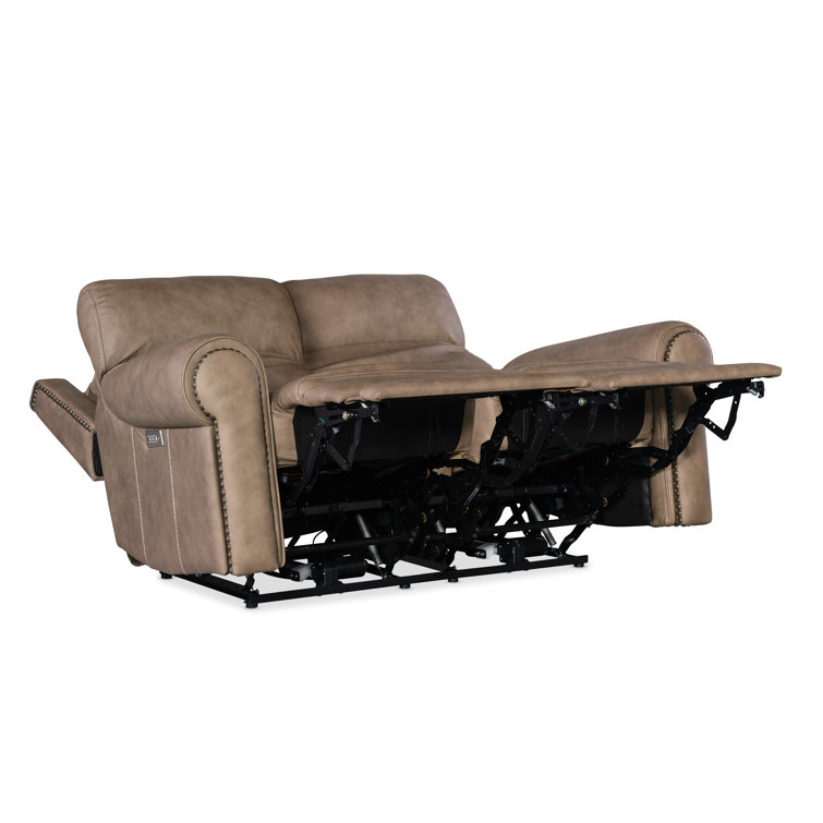 Kalahari Camel Leather Reclining Loveseat with Rolled Arms and Nailhead Trim