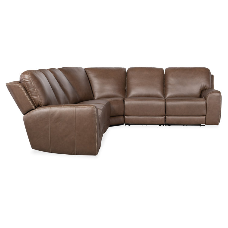 Sorrento Mocha Leather Six-Piece Reclining Sectional with Nailhead Trim