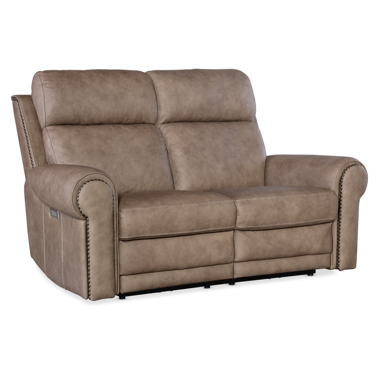 Kalahari Camel Leather Reclining Loveseat with Rolled Arms and Nailhead Trim