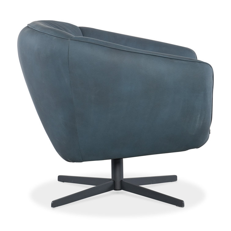 Buckskin Navy Leather Swivel Barrel Chair with Metal Base