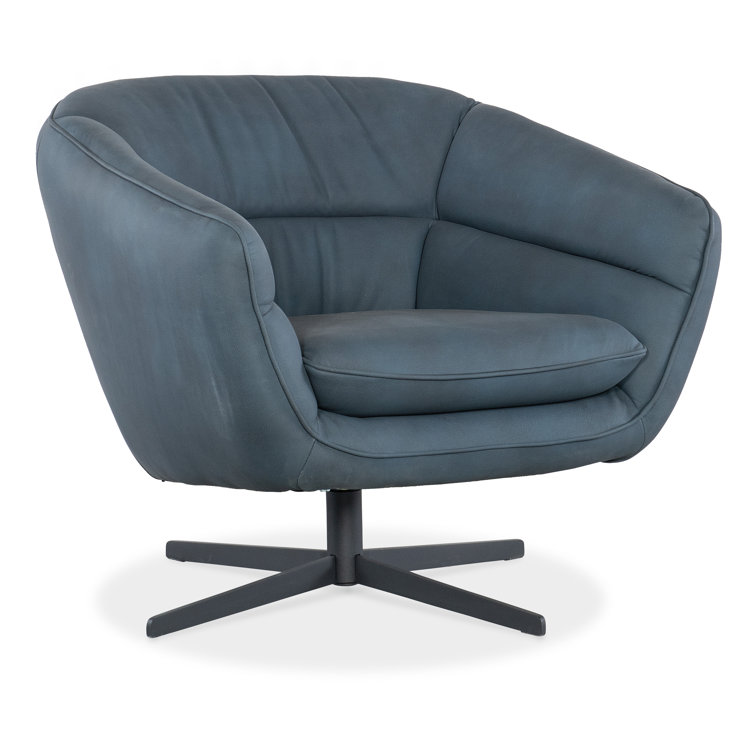Buckskin Navy Leather Swivel Barrel Chair with Metal Base