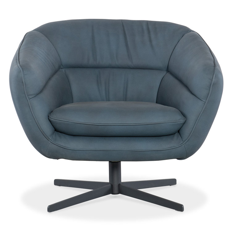 Buckskin Navy Leather Swivel Barrel Chair with Metal Base