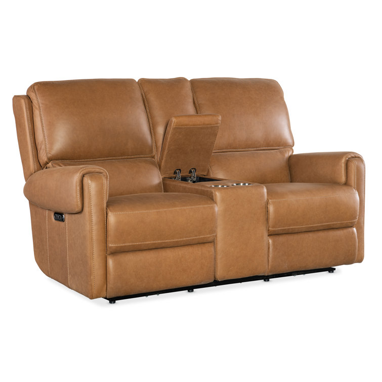 Denver Coffee Leather Reclining Loveseat with Storage and Cup Holders