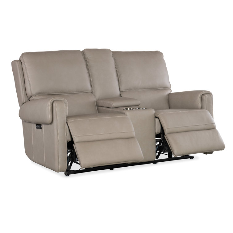 Somers Dark Taupe Leather Reclining Loveseat with Storage and Cup Holder