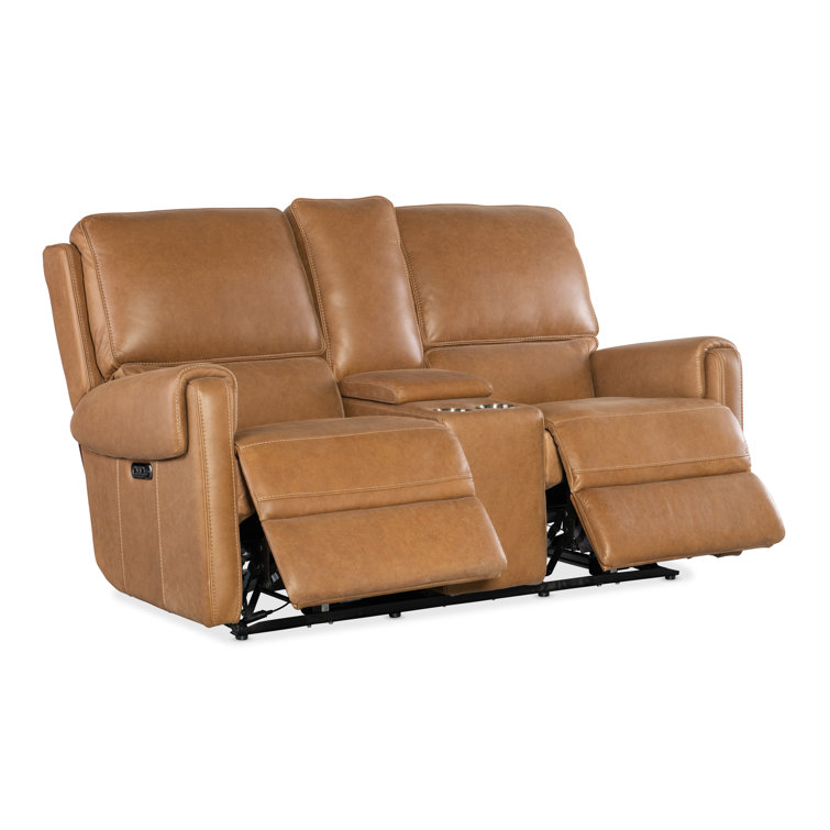 Denver Coffee Leather Reclining Loveseat with Storage and Cup Holders