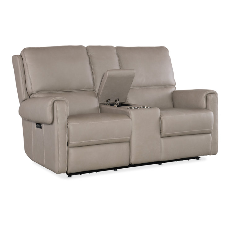 Somers Dark Taupe Leather Reclining Loveseat with Storage and Cup Holder