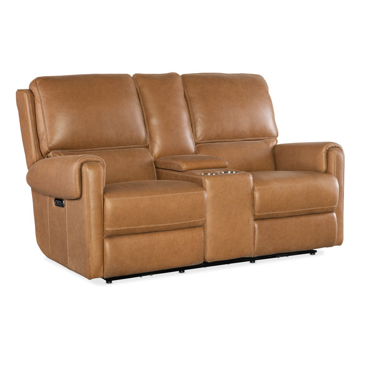 Denver Coffee Leather Reclining Loveseat with Storage and Cup Holders