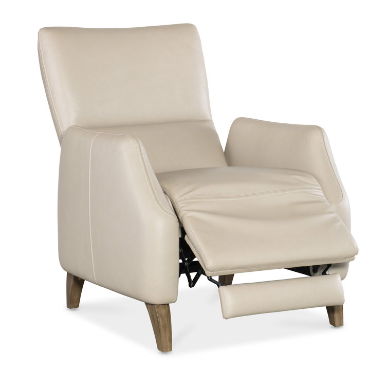 Beige Leather Recliner with Light Wood Legs