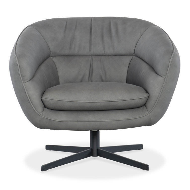 Gray Leather Barrel Swivel Chair with Metal Base