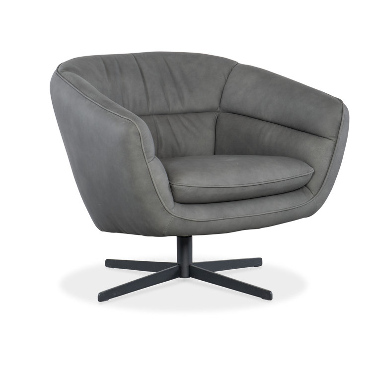 Gray Leather Barrel Swivel Chair with Metal Base