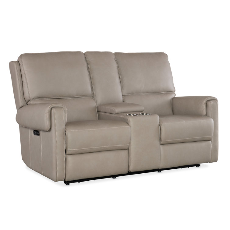 Somers Dark Taupe Leather Reclining Loveseat with Storage and Cup Holder