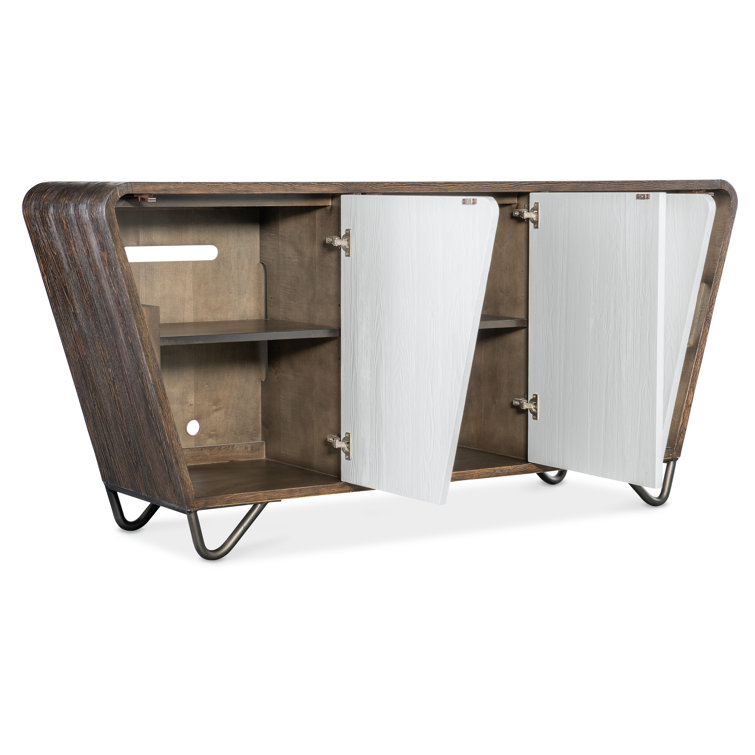 Modern Brown and White Pine Veneer Credenza with Metal Base