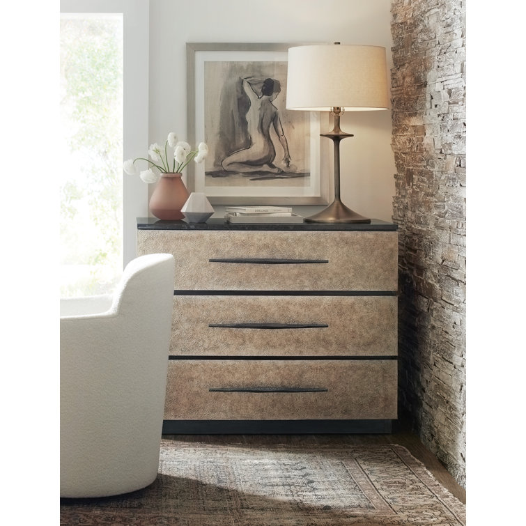 Black and Taupe Transitional 3-Drawer Chest with Marble Top