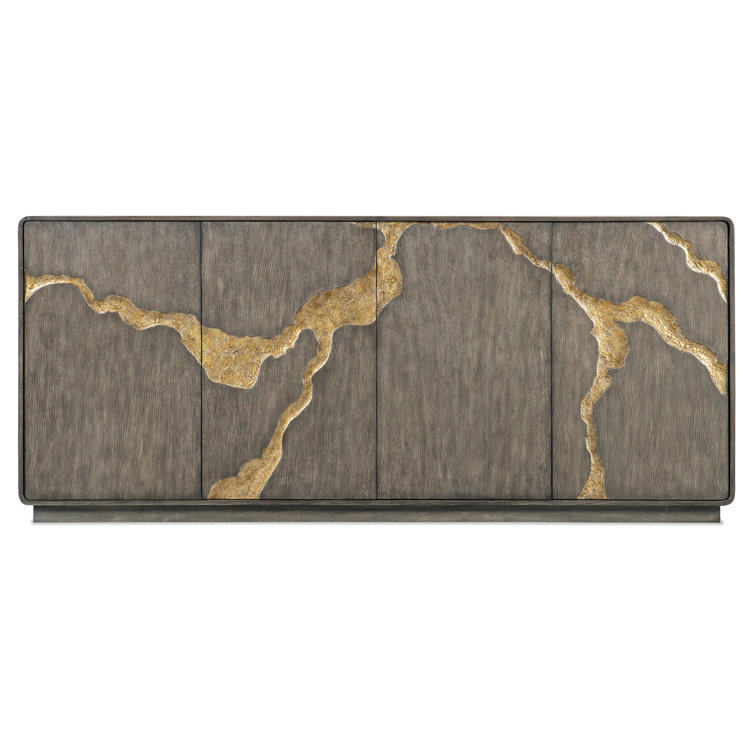 78'' Brown Oak Veneer Media Console with Gold Accents