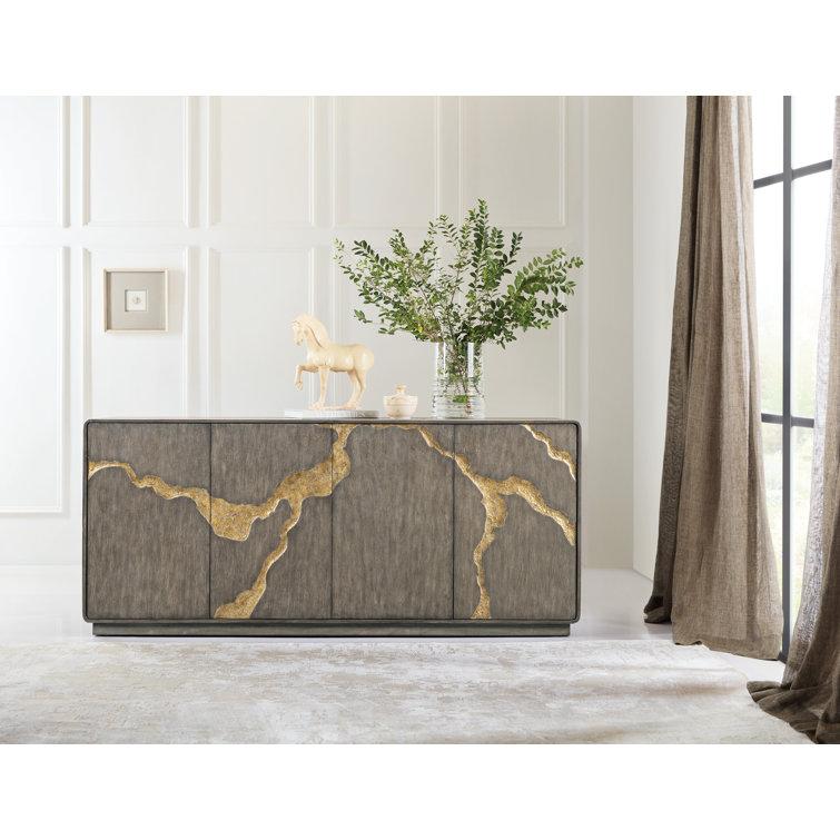 78'' Brown Oak Veneer Media Console with Gold Accents