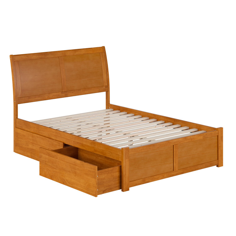Light Toffee Full Wood Platform Bed with Sleigh Headboard and Storage Drawers