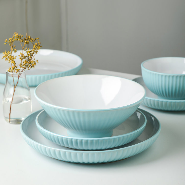 Teal Ribbed Ceramic 32-Piece Dinnerware Set for 8