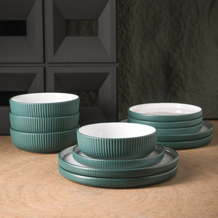 Green Ceramic Coastal 12-Piece Dinnerware Set, Service for 4