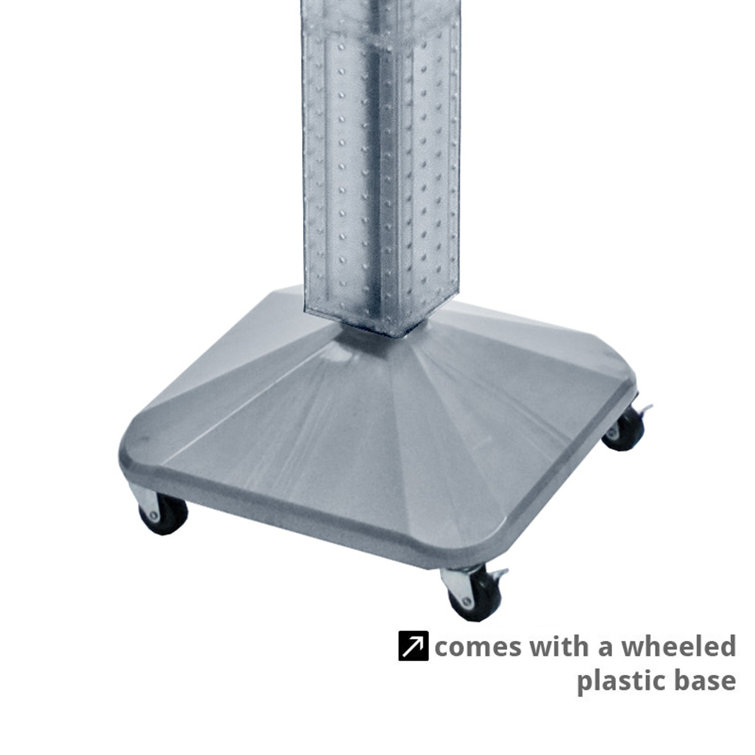 Black Plastic Four-Sided Pegboard Tower Display with Wheeled Base