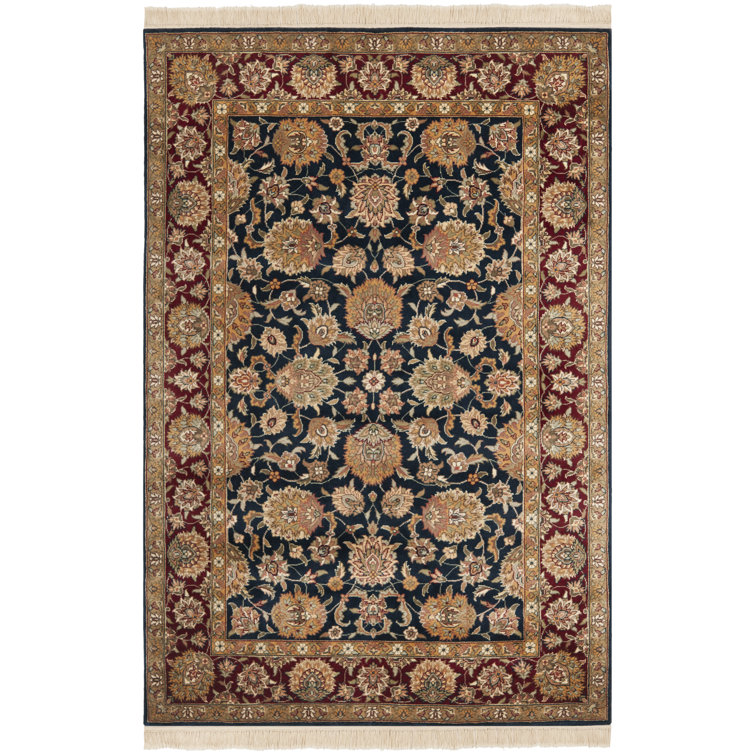 Elegant Kerman Blue and Red Hand-Knotted Wool Round Rug