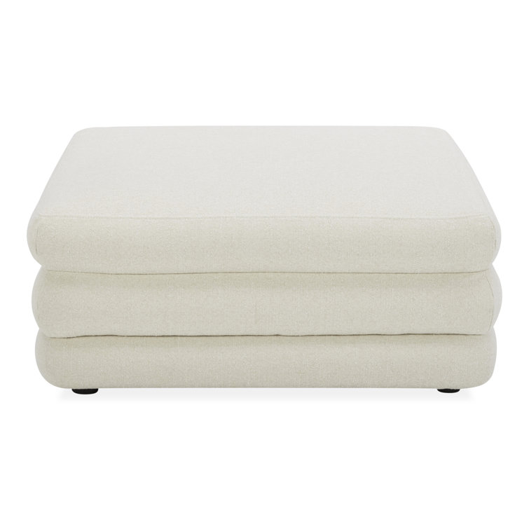 Ivory Polyester Upholstered Cube Ottoman with Solid Wood Frame