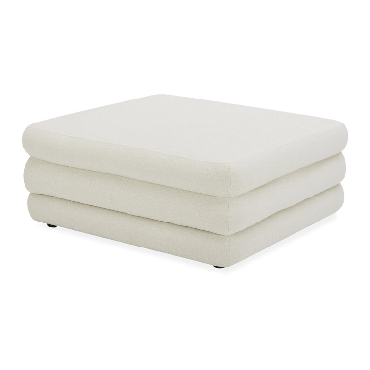 Ivory Polyester Upholstered Cube Ottoman with Solid Wood Frame