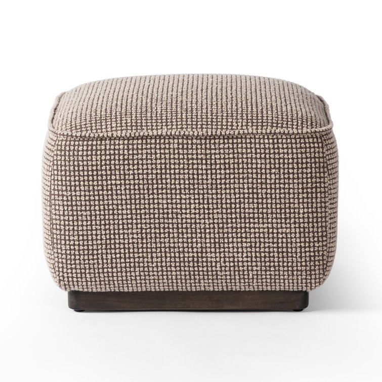 Taupe Check Upholstered Square Ottoman with Solid Wood Base