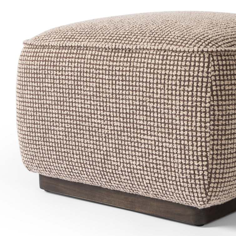 Taupe Check Upholstered Square Ottoman with Solid Wood Base