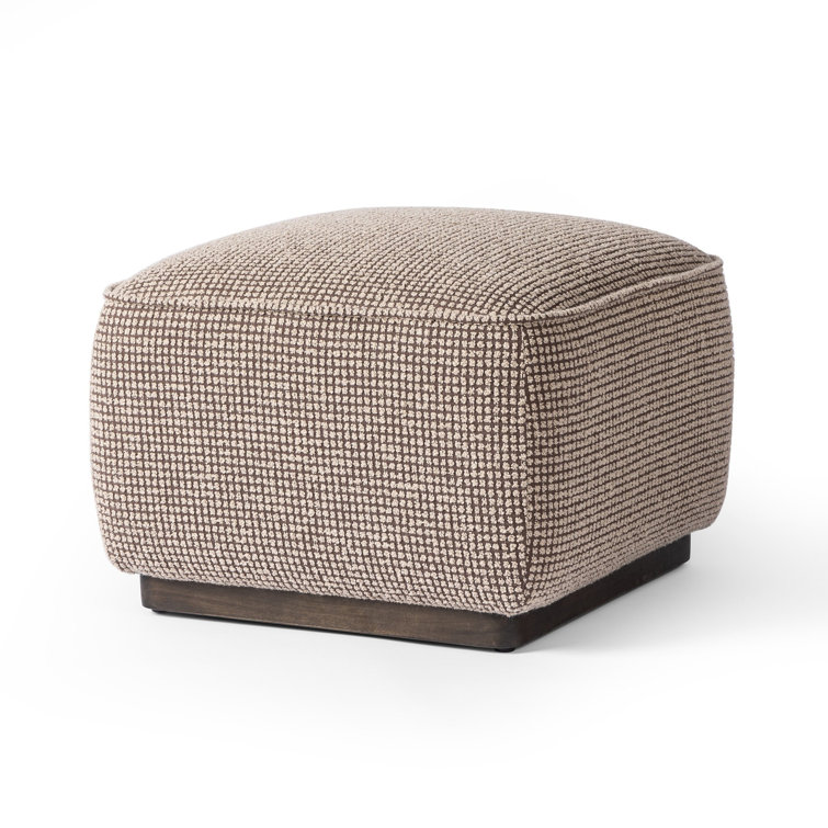 Taupe Check Upholstered Square Ottoman with Solid Wood Base
