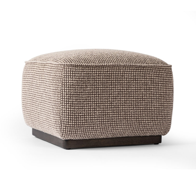 Taupe Check Upholstered Square Ottoman with Solid Wood Base
