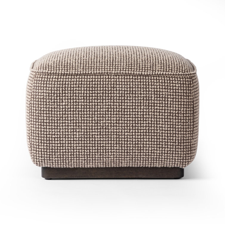 Taupe Check Upholstered Square Ottoman with Solid Wood Base