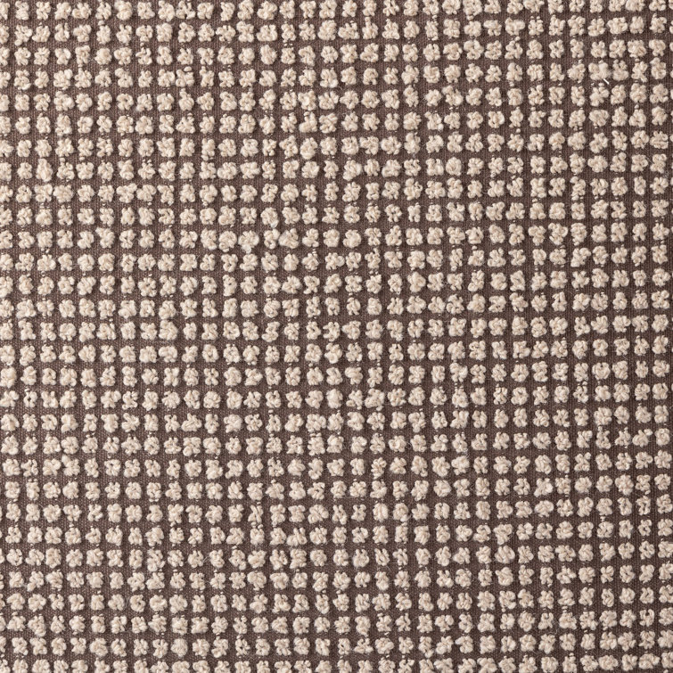 Taupe Check Upholstered Square Ottoman with Solid Wood Base