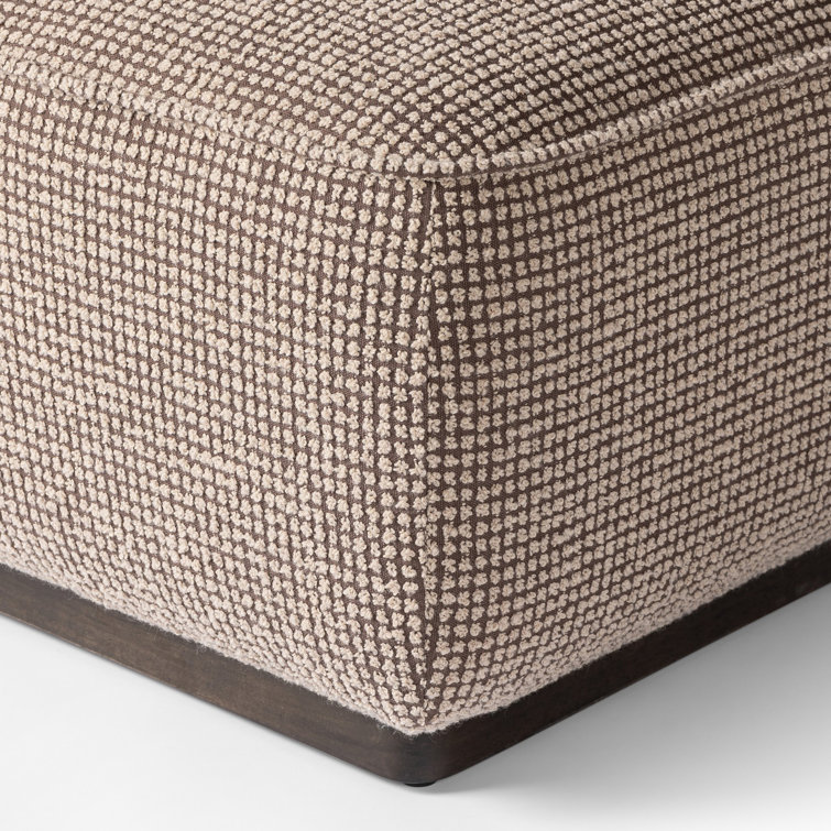 Taupe Check Upholstered Square Ottoman with Solid Wood Base