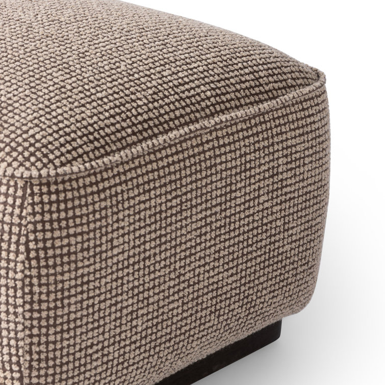 Taupe Check Upholstered Square Ottoman with Solid Wood Base