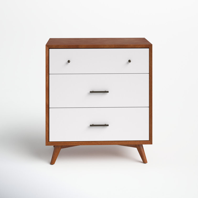 Mid-Century Modern Brown and White 32'' Solid Wood Chest with 3 Drawers