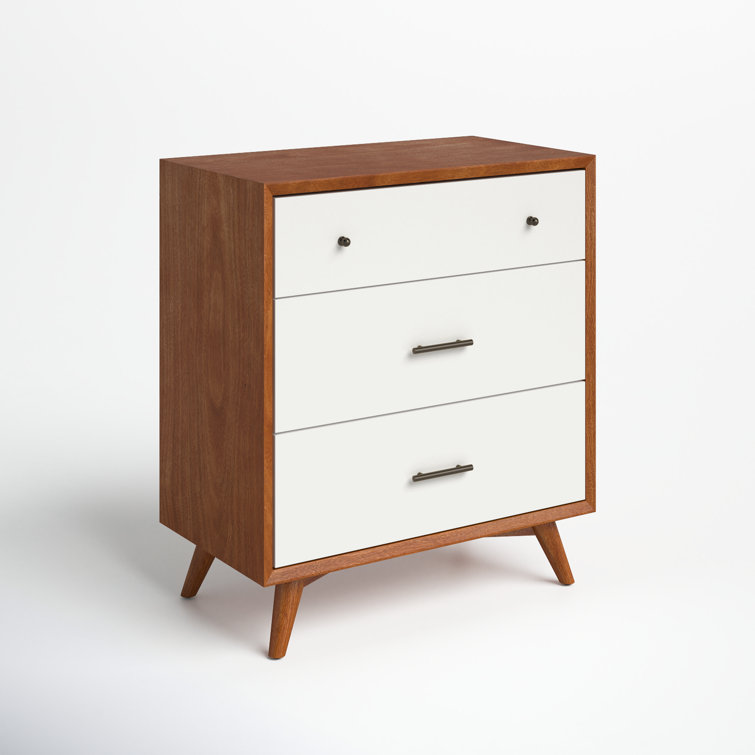 Mid-Century Modern Brown and White 32'' Solid Wood Chest with 3 Drawers