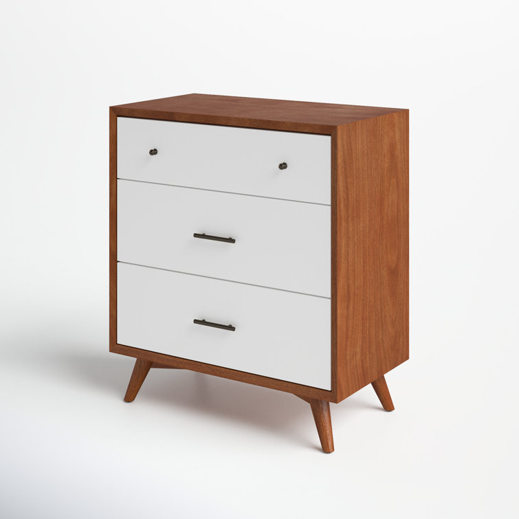Mid-Century Modern Brown and White 32'' Solid Wood Chest with 3 Drawers