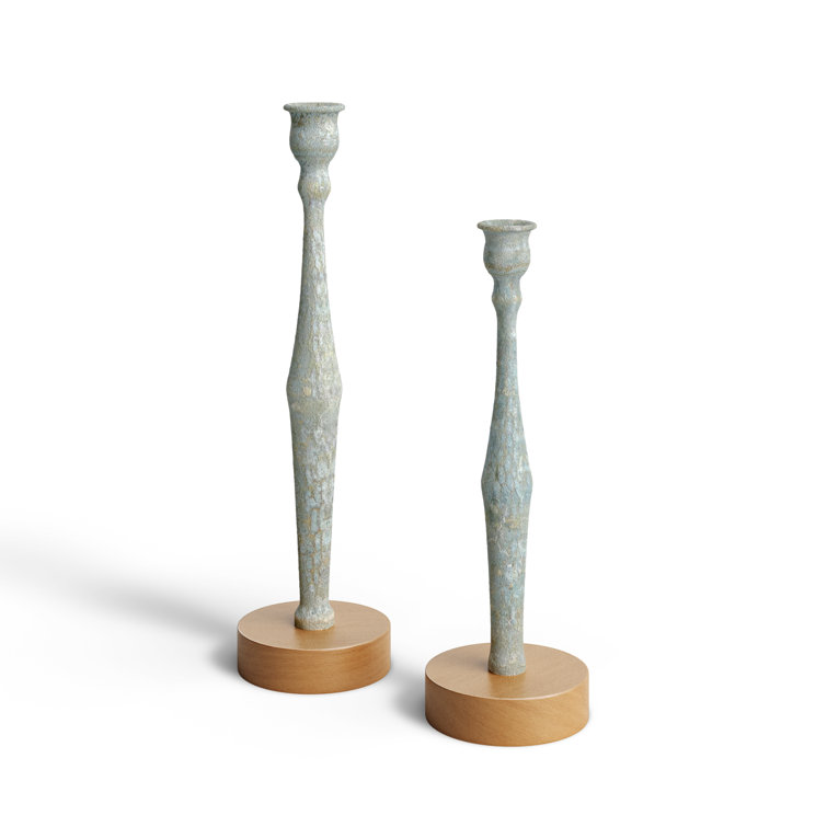 Light Blue Distressed Wood Tabletop Candlestick Set
