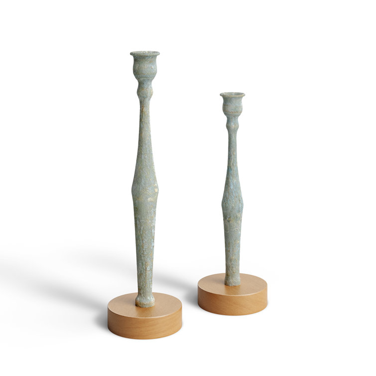 Light Blue Distressed Wood Tabletop Candlestick Set