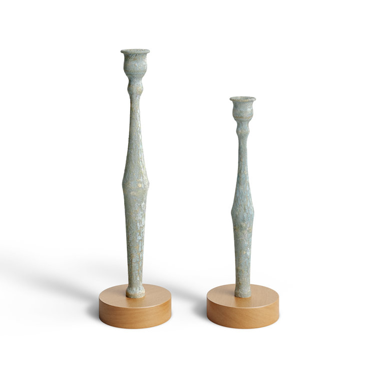 Light Blue Distressed Wood Tabletop Candlestick Set