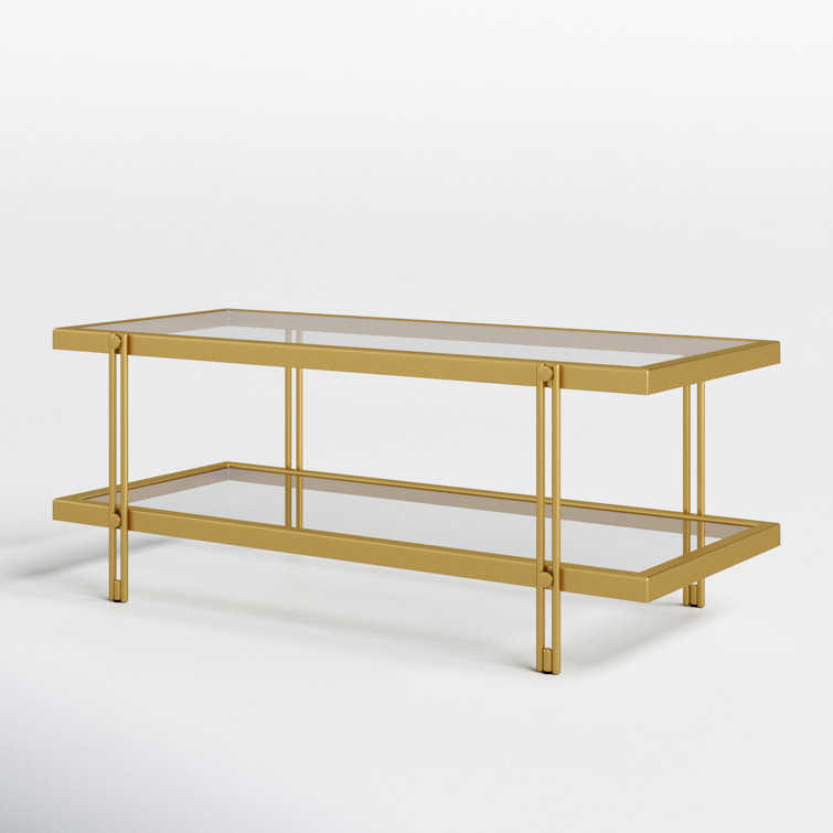 Modern Brass Finish Rectangular Coffee Table with Glass Storage Shelf