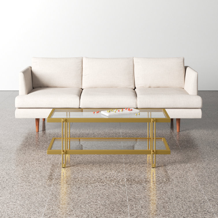 Modern Brass Finish Rectangular Coffee Table with Glass Storage Shelf